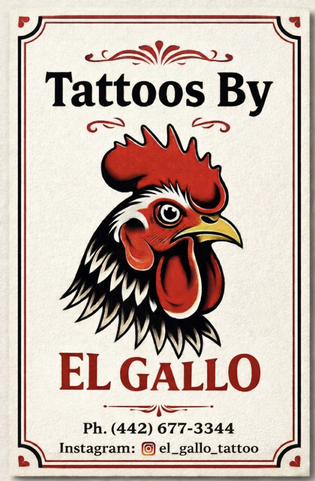 Tattoos By El Gallo — traditional rooster flash poster
